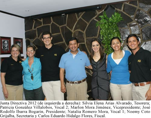 Junta Directiva 2012: José Rodolfo Ibarra Bogarín, Presidente, Marlon Mora Marlon Mora Jiménez, Vicepresidente,  Licda. Noemy Coto Grijalba, Secretaria; Licda. Silvia Elena Arias Alvarado, Tesorera; MSc. Carlos Eduardo Hidalgo Flores, Fiscal ; Bach. Natalia Romero Mora, Vocal 1 y Licda. Patricia González Villalobos, Vocal 2 
